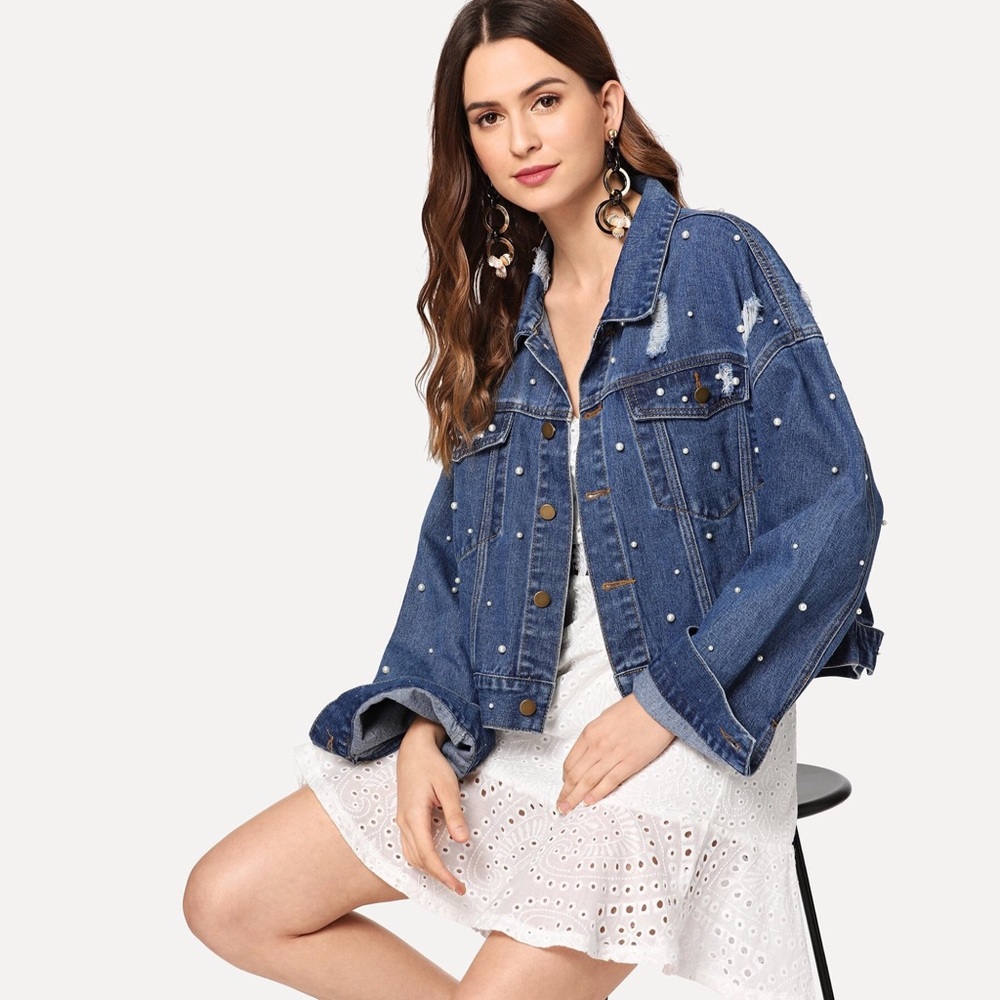 Pearls Beaded Distressed Denim Oversized Jacket - Picture 3 of 6